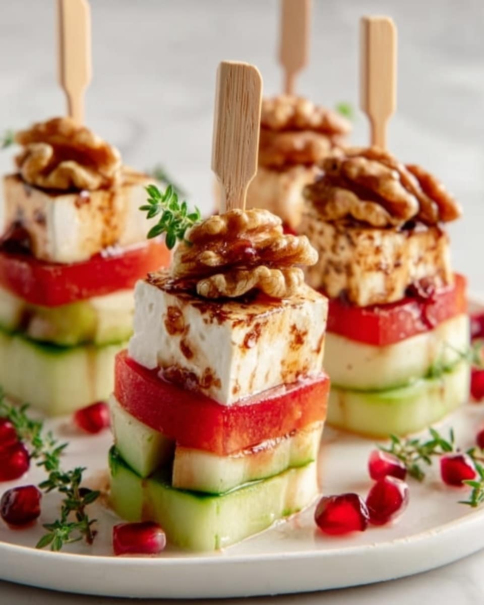 The image shows several small skewers with three main layers: the bottom layer is pale green cucumber cubes, the middle layer is a bright red tomato slice, and the top layer is a white block of cheese with grill marks. On top of each skewer, there is a glossy brown walnut piece. The skewers are placed on a white plate with some scattered red pomegranate seeds around them and a small green herb sprig nearby. The background surface has a white marbled texture. photo taken with an iphone --ar 4:5 --v 7