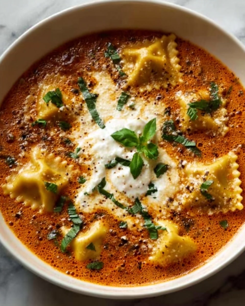 A white bowl filled with a creamy soup containing small, yellow ravioli pieces floating throughout. The soup has a rich orange-brown color with visible bits of ground meat and herbs mixed in. In the center, there is a dollop of white cream, topped with a few green basil leaves and black pepper sprinkled on top. The bowl is set on a white marbled surface. Photo taken with an iphone --ar 4:5 --v 7