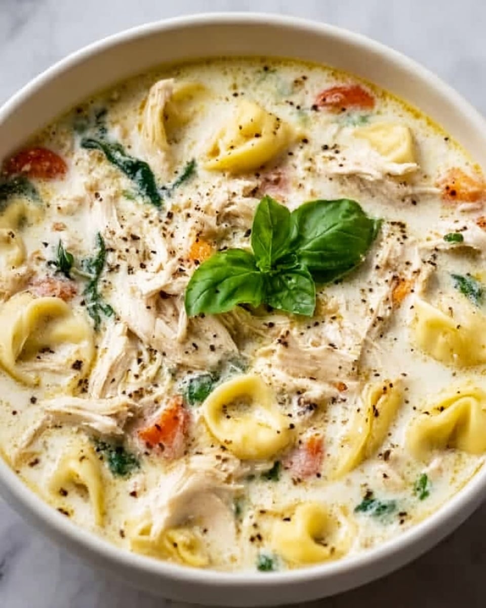 The image shows a white bowl filled with creamy chicken soup that has three visible layers: a creamy white broth with a smooth texture surrounding the other ingredients, shredded light brown chicken pieces scattered evenly throughout, and folded yellow pasta noodles mixed in. There are also small pieces of green herbs, red bell pepper bits, and ground black pepper sprinkled on top. A fresh green basil leaf garnishes the center, adding a touch of color contrast. The bowl sits on a white marbled surface. Photo taken with an iphone --ar 4:5 --v 7