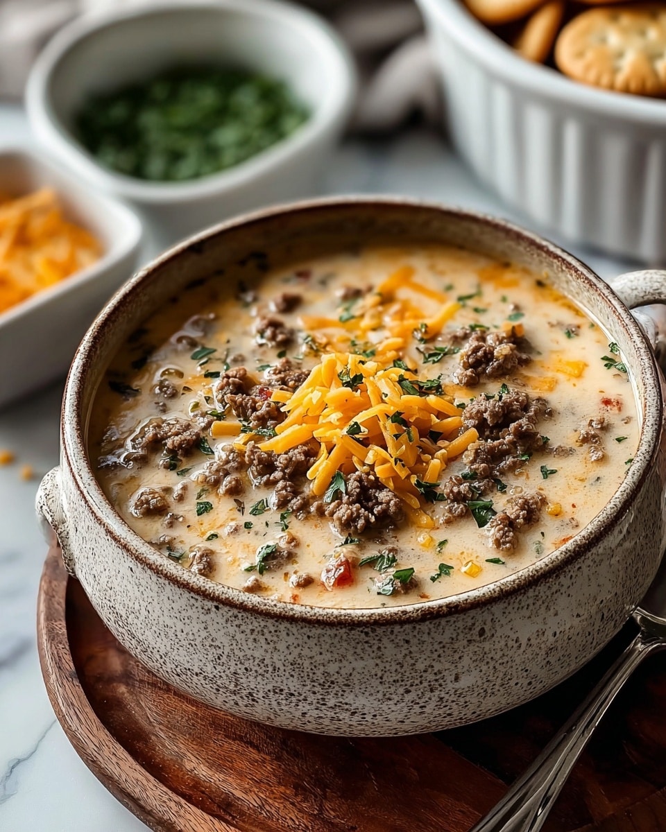 A rustic, thick soup in a large gray bowl with a rough texture, filled almost to the brim with a creamy light beige broth. The surface shows many small chunks of browned ground meat spread evenly, with diced red tomatoes and green herbs sprinkled on top. In the middle, there is a small pile of bright orange shredded cheddar cheese and some more chopped green herbs scattered over it. The bowl is placed on a wooden board on a white marbled surface. In the background, there are two out-of-focus brown bowls, one holding a green chopped herb and the other with round crackers. photo taken with an iphone --ar 4:5 --v 7