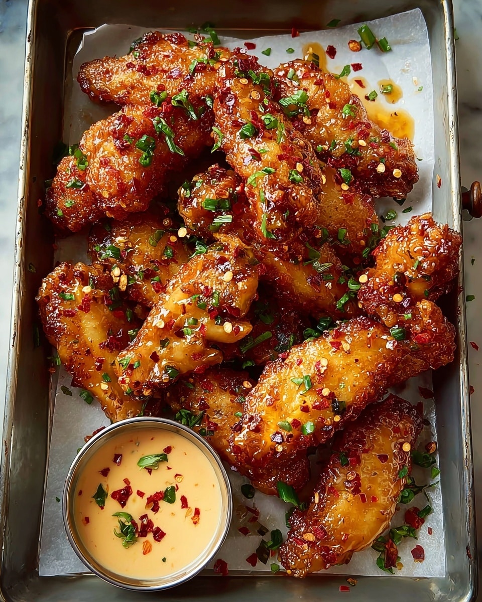 A metal tray lined with white paper holds a pile of golden-brown fried chicken wings, each wing coated with a shiny honey glaze that catches the light. The crispy texture of the wings is visible, with bits of crunchy crust and small bubbles on the surface. Bright green chopped herbs and small red chili flakes are sprinkled over the wings, adding a pop of color and a hint of spice. On the bottom right corner of the tray, a small round metal container filled with creamy, light orange dipping sauce garnished with herbs and chili flakes sits ready for dipping. The tray is placed on a white marbled surface with scattered chili flakes around it. photo taken with an iphone --ar 4:5 --v 7