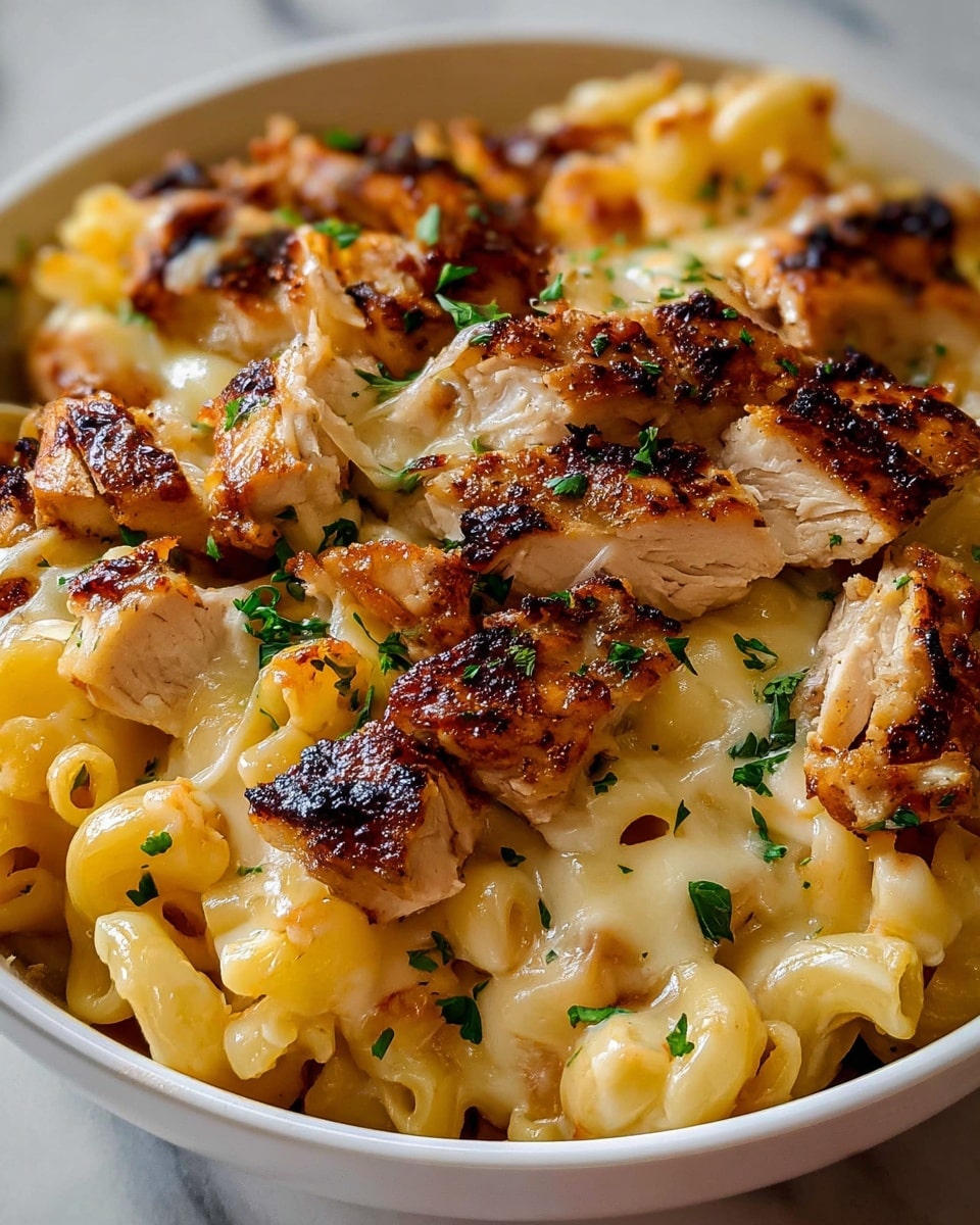 A close-up of a white bowl filled with baked macaroni and cheese topped with pieces of grilled chicken. The macaroni layer is covered in creamy, melted cheese with golden brown spots from baking. On top, the grilled chicken pieces have a charred texture with a mix of light and dark brown colors. Small green parsley leaves are scattered over the dish, adding a fresh touch. The background is a white marbled surface, giving a clean and bright look. photo taken with an iphone --ar 4:5 --v 7