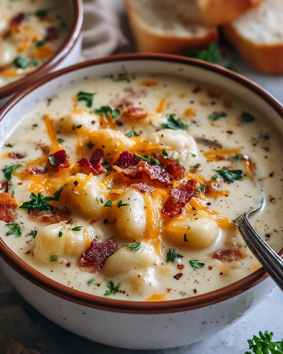 A white bowl with a brown rim holds a creamy soup filled with small, soft gnocchi pieces in pale yellow. The soup has a smooth, light beige broth with droplets of golden oil on top. Scattered over the surface are thin shreds of bright orange cheese, small bits of crispy dark red bacon, and flecks of fresh green herbs. A silver spoon rests inside the bowl, partially submerged. This bowl sits on a white marbled textured surface with some slices of bread blurred in the background. Photo taken with an iphone --ar 4:5 --v 7