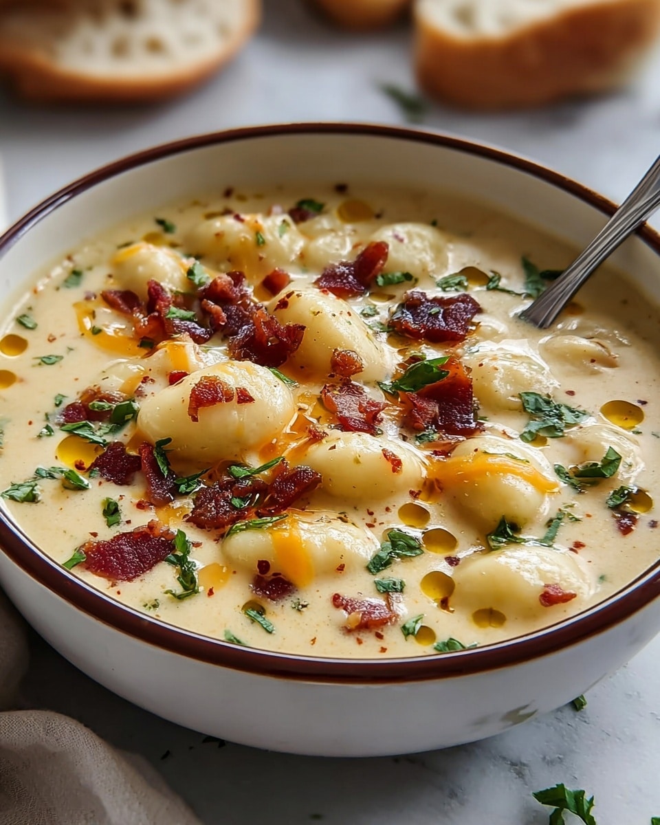 A close-up view of a creamy soup served in a white ceramic bowl with a brown rim. The soup has a thick, smooth off-white base with small, soft gnocchi pieces floating on top. The gnocchi are pale and slightly shiny, dotted with small black pepper specks. Scattered over the gnocchi are thin strips of melted orange cheese and small bits of crispy reddish-brown bacon. Fresh green parsley leaves are sprinkled around, adding a fresh touch. The spoon on the right side is partially submerged, with a shiny silver look. The background features pieces of bread and a white marbled texture surface, softly blurred. photo taken with an iphone --ar 4:5 --v 7