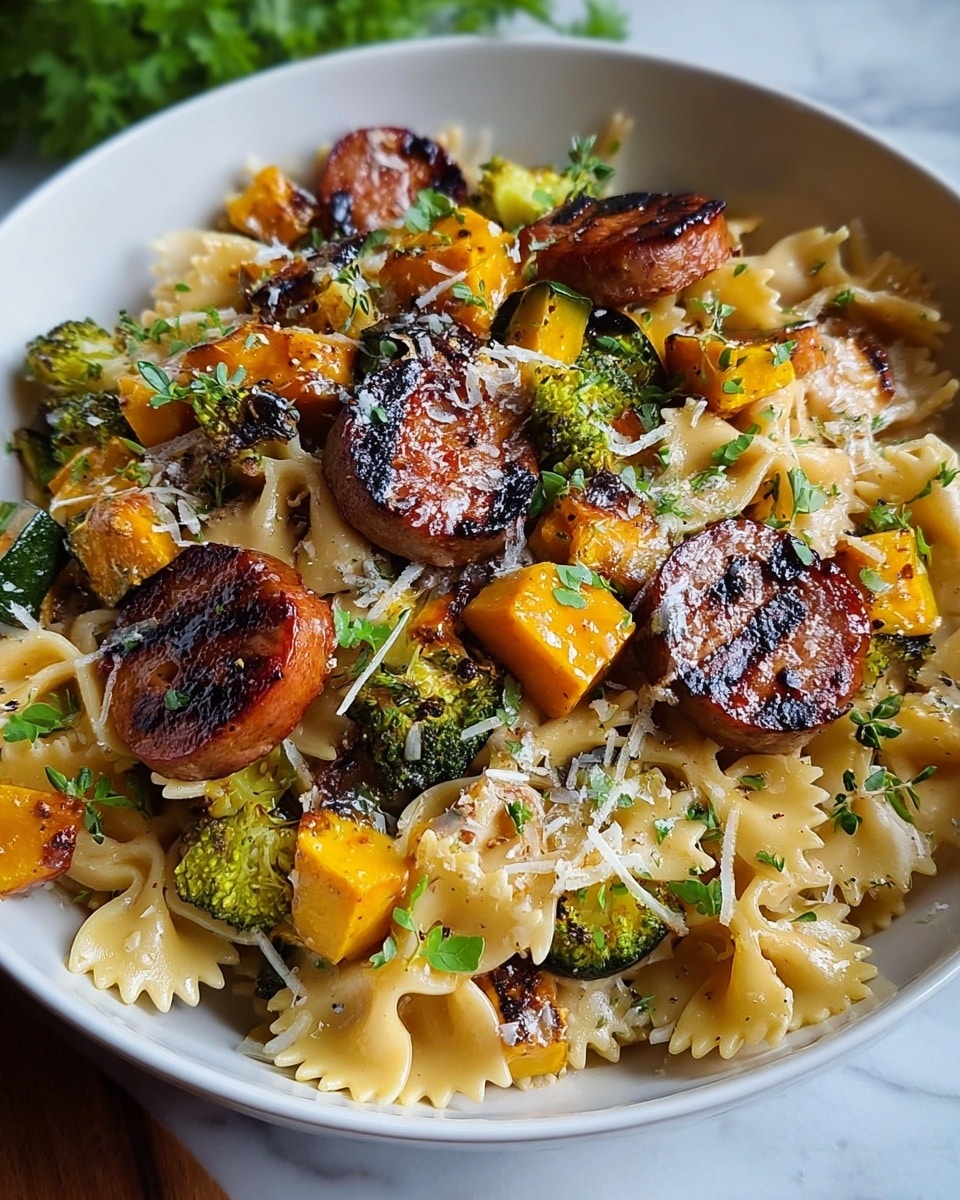 A white bowl filled with layers of bowtie-shaped pasta in a light creamy color forming the base, mixed with yellow and green chunks of roasted squash and broccoli scattered evenly. On top are thick slices of grilled sausage with dark char marks, adding a rich brown color and juicy texture. Fresh green herbs and small bits of grated cheese are sprinkled over the dish, giving a fresh contrast. The bowl is placed on a white marbled surface with soft natural light highlighting the food’s colors and texture. photo taken with an iphone --ar 4:5 --v 7