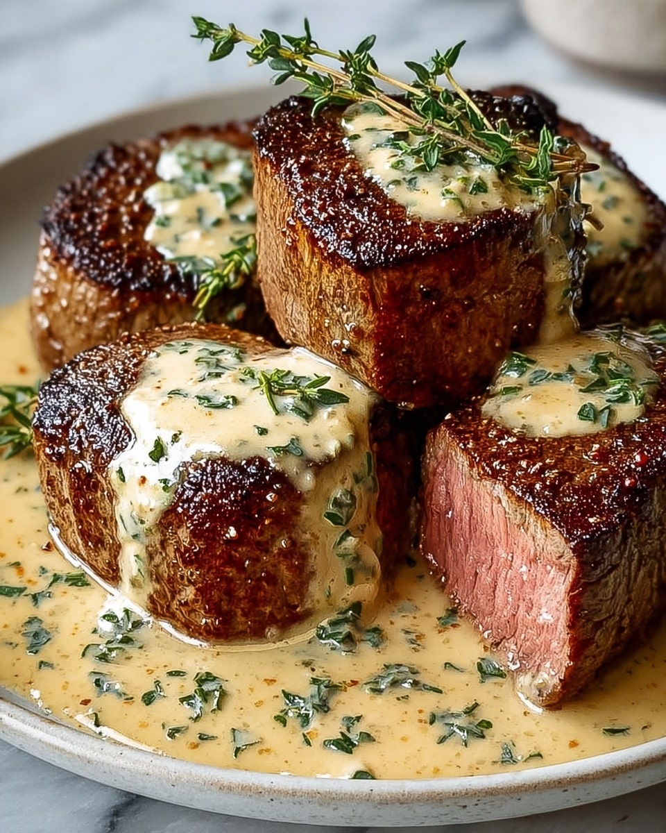 Four thick, round steak pieces sit on a large white speckled plate with a creamy light yellow sauce covering the steaks and pooling on the plate. Each steak has a dark brown, crisp crust and tender pinkish interior, with the sauce speckled with green herbs and small bits of seasoning. Fresh green herb sprigs lay on top of the steaks and in the sauce, adding a pop of color. One steak is cut open to show the juicy inside, partially covered in sauce. The plate rests on a white marbled surface. Photo taken with an iphone --ar 4:5 --v 7