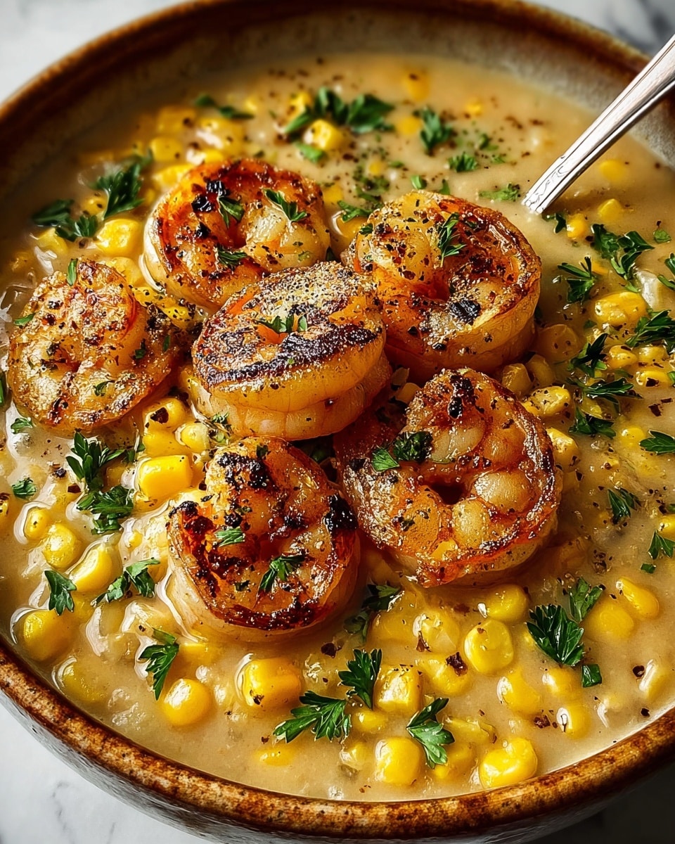 A close-up image of a rich soup served in a brown bowl filled with a creamy yellow broth mixed with bright yellow corn kernels scattered throughout. On top, there are six large, golden-brown seared shrimp, each sprinkled with finely chopped green herbs and black pepper, arranged centrally and slightly overlapping. The soup also has small bits of green herbs mixed in the broth, adding a fresh touch. A silver spoon rests inside the bowl on the right side, lifting some of the soup. In the background, a piece of corn on the cob is partially visible. The setting is on a white marbled texture. photo taken with an iphone --ar 4:5 --v 7