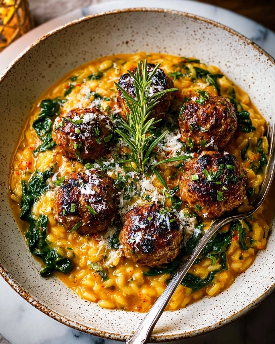 A white speckled bowl holds a creamy, orange-yellow risotto base mixed with vibrant green spinach leaves scattered throughout. On top, six browned, slightly charred meatballs are placed in a circular pattern, each sprinkled with finely grated white cheese and chopped herbs. In the center, a small sprig of fresh rosemary stands upright, adding a touch of green contrast. Steam rises gently from the dish, and a silver fork rests on the side inside the bowl. The bowl is set on a white marbled surface. photo taken with an iphone --ar 4:5 --v 7