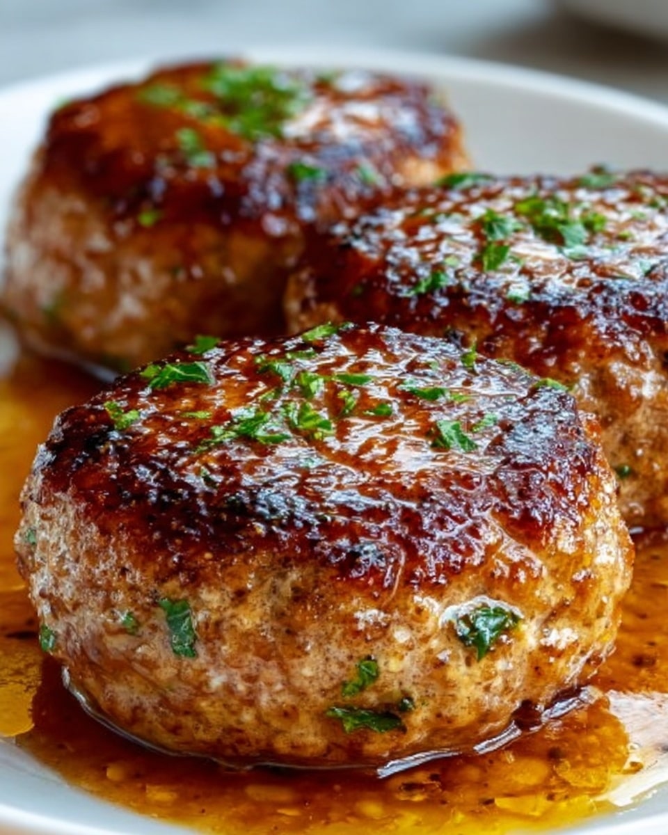 The image shows close-up of three golden brown meat patties with a crispy, slightly charred surface, marked by green herb sprinkles on top. Each patty has a moist, shiny texture with some oily spots reflecting light. The patties rest on a white plate placed on a white marbled surface. In the blurred background, some green garnish can be seen, adding a pop of color. Photo taken with an iphone --ar 4:5 --v 7
