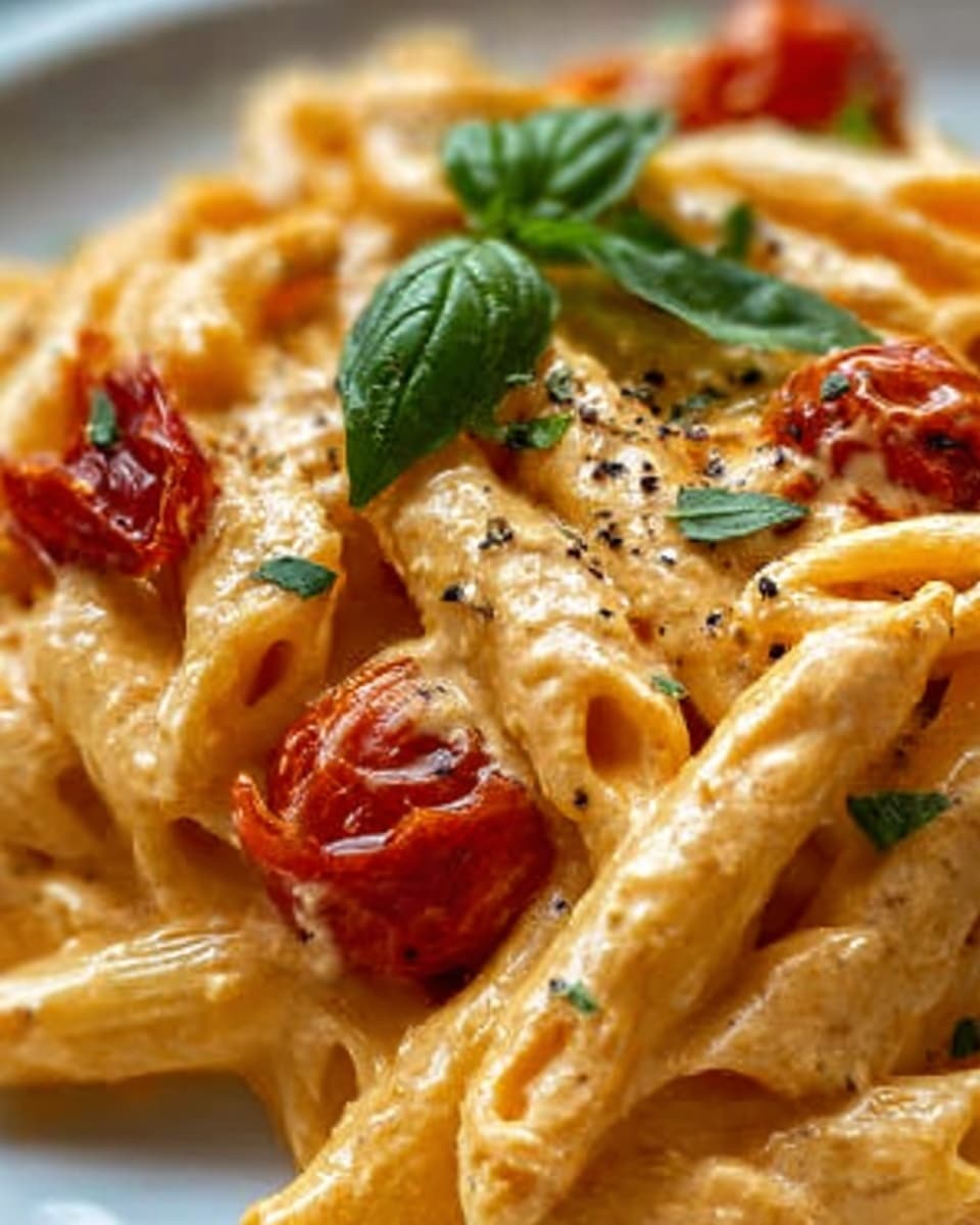 This image shows a close-up of a white bowl filled with creamy pasta. The pasta is penne, coated in a smooth orange-colored sauce with a rich texture. On top, there are roasted cherry tomatoes that are deep red and slightly wrinkled, mixed with some crumbled white cheese. A fresh green basil leaf sits in the center as garnish, and the dish is sprinkled with black pepper and small green herb pieces. The background has a white marbled texture. Photo taken with an iphone --ar 4:5 --v 7