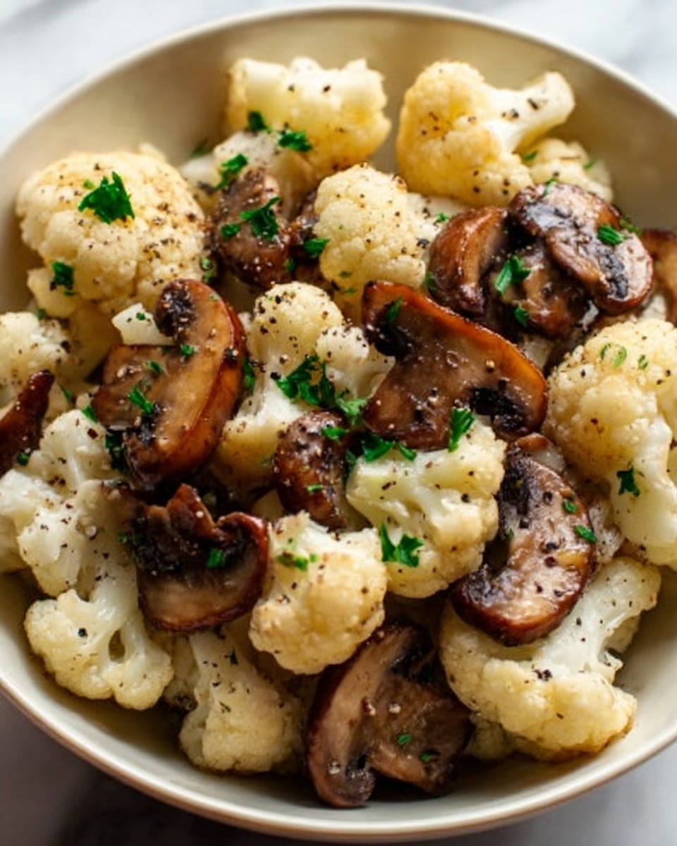 The image shows a close-up of a dish in a white bowl filled with cooked cauliflower florets at the base, which are creamy white with a soft texture. On top of the cauliflower, there are sliced sautéed mushrooms in shades of light and dark brown with a glossy, slightly oily surface. Small green parsley leaves are sprinkled evenly over the dish as garnish, adding a fresh contrast to the earthy colors. A few black pepper specks are visible across the cauliflower, giving a hint of seasoning. The bowl is set on a white marbled surface. photo taken with an iphone --ar 4:5 --v 7