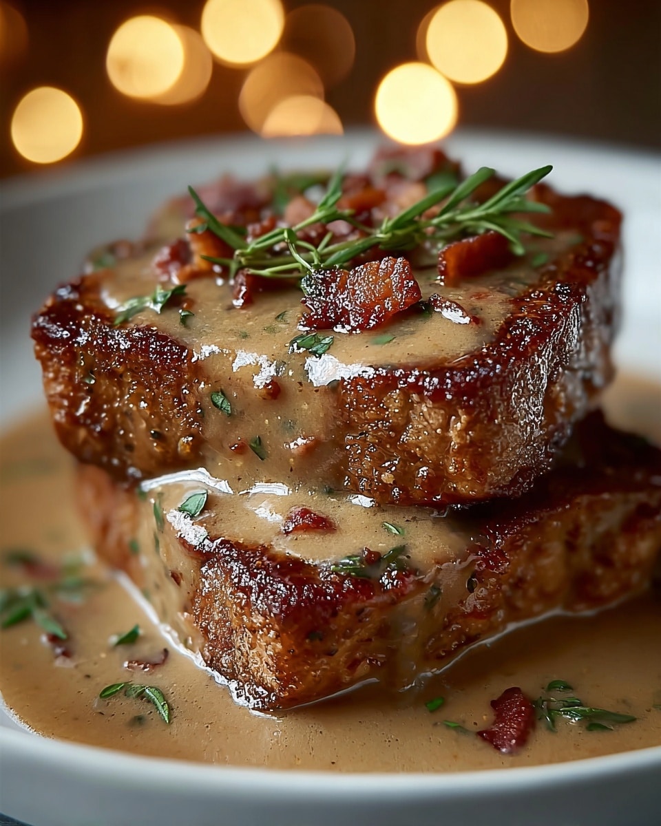 Two thick, golden brown seared pork chops are stacked on a white plate, covered in a creamy sauce speckled with black pepper and small pieces of browned bacon. Fresh green herbs are scattered on top of the sauce. The meat has a crispy, slightly charred texture on the edges and the sauce pools around the base of the chops. The background features soft, warm, out-of-focus yellow lights with the plate resting on a white marbled surface. photo taken with an iphone --ar 4:5 --v 7