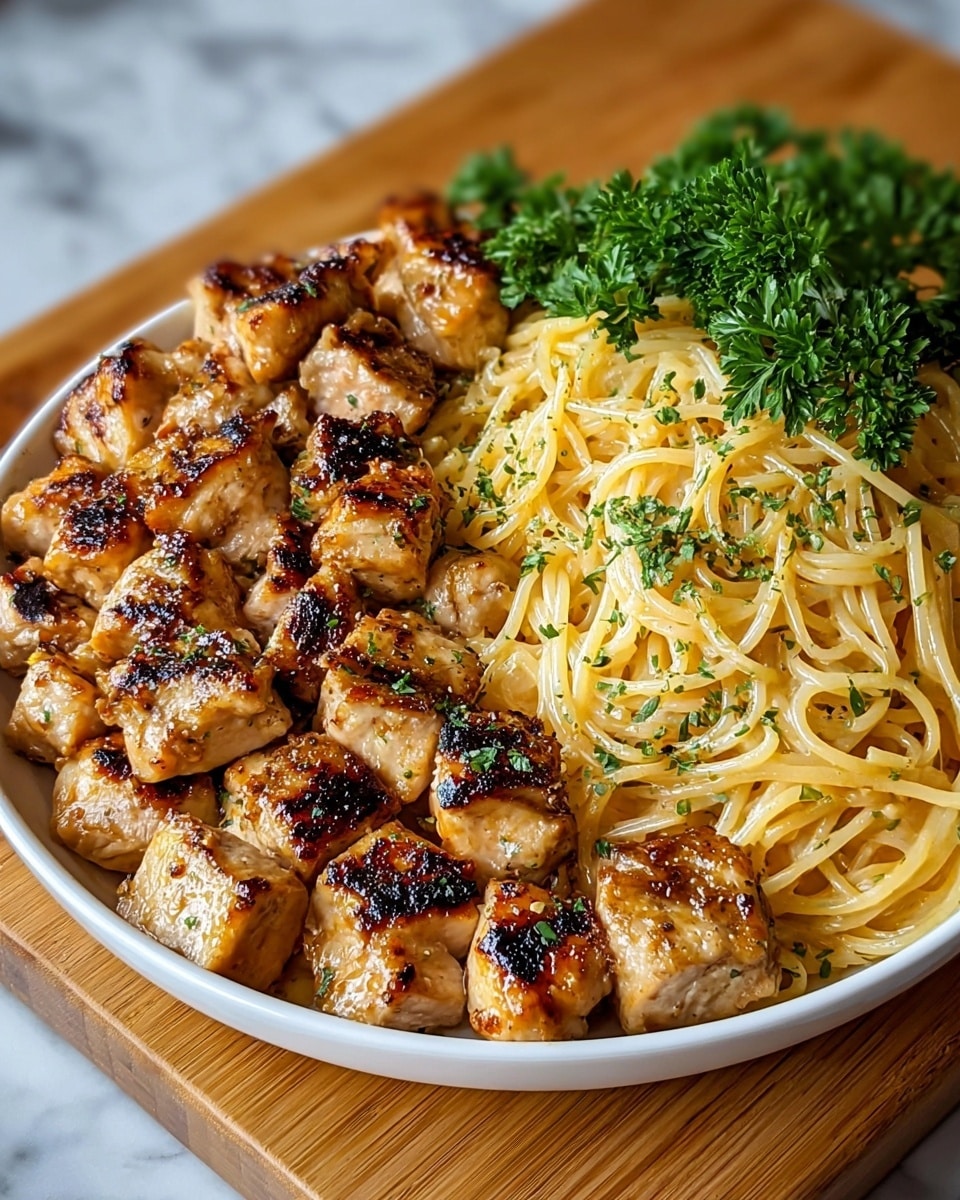 The dish shows a white plate filled with two main parts: on the left side, there are two layers of golden-brown grilled chicken cubes with a slightly charred and shiny surface, arranged closely together, covering almost half the plate; on the right side, there is a single layer of creamy yellow spaghetti mixed with small green herb pieces scattered evenly on top, and a bunch of fresh green parsley placed at the top right corner near the chicken. The plate is on a wooden board with a white marbled texture background. Photo taken with an iphone --ar 4:5 --v 7