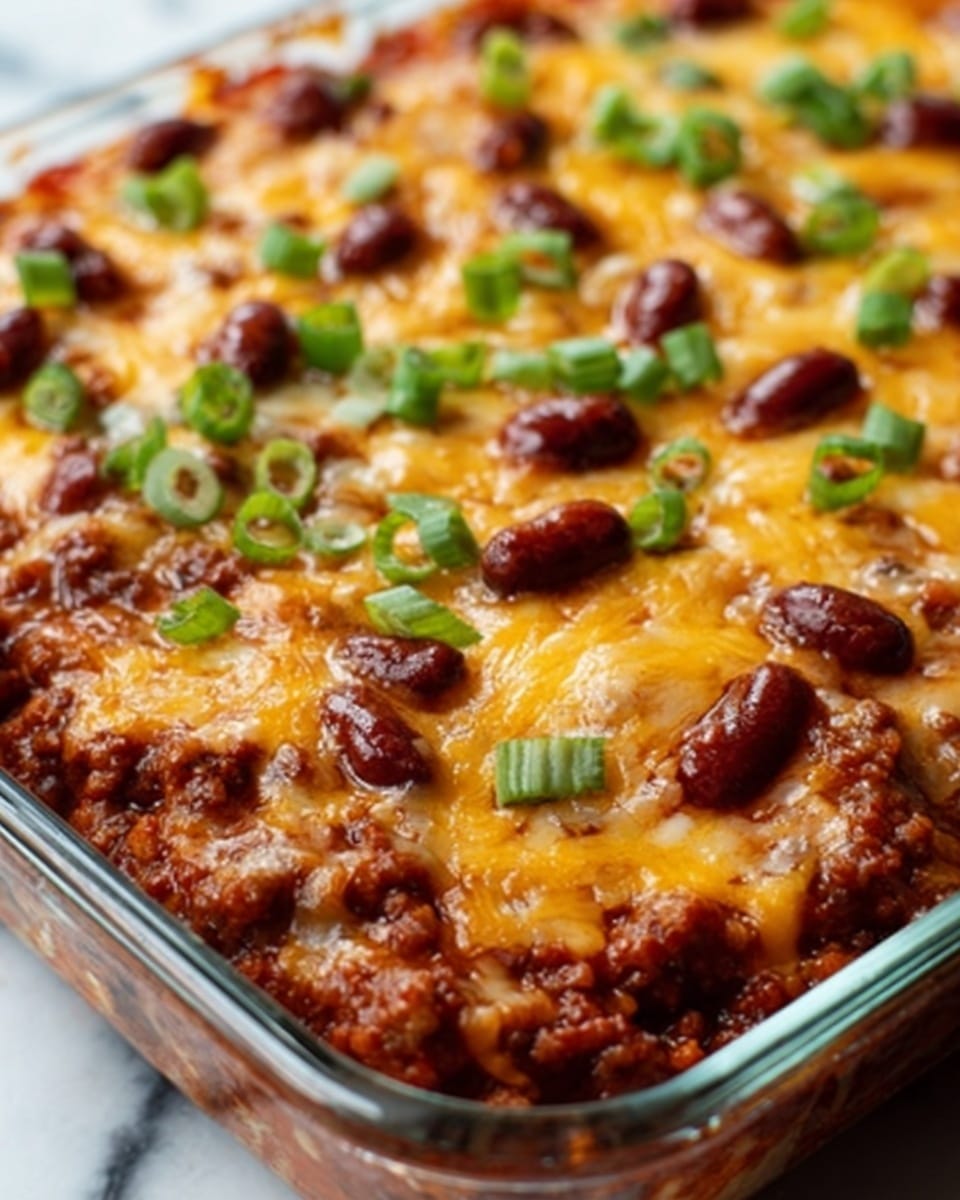 A close-up of a glass baking dish filled with a layered chili cheese casserole. The bottom layer is dark brown cooked ground meat with visible texture, topped by a thick melted yellow cheese layer that covers most of the surface. Scattered evenly across the top are small dark red kidney beans, with bits of chopped green onions sprinkled as garnish. The dish is set on a white marbled surface, showing a warm, rich, and cheesy texture. Photo taken with an iphone --ar 4:5 --v 7
