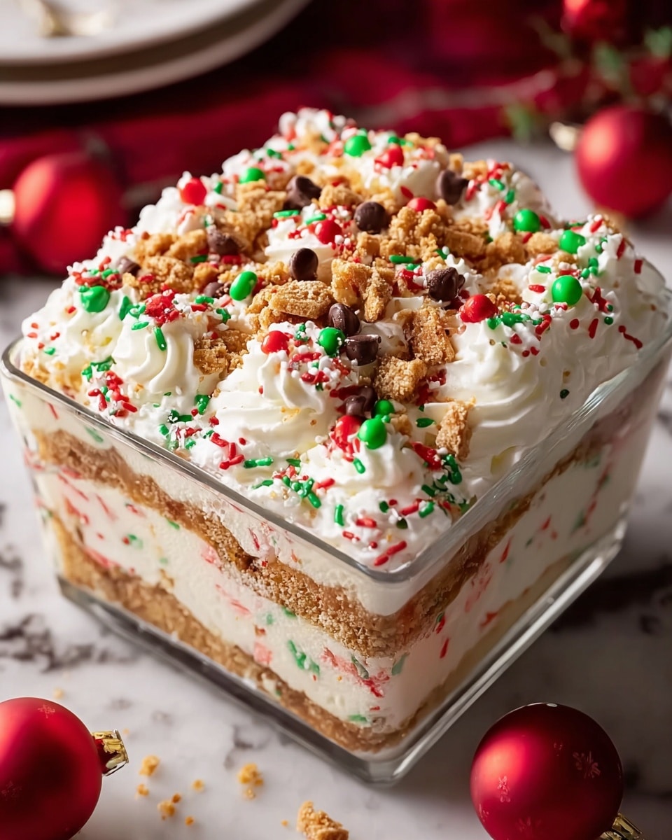 A close-up of a layered dessert in a clear square glass dish, showing three visible layers of light cream mixed with red and green candy pieces, separated by crumbly golden cookie or cake layers. The top layer has swirled white whipped cream piped in decorative peaks, sprinkled generously with red and green sprinkles, chocolate chips, crushed golden cookie crumbs, and small round red and green candy balls, creating a festive look. The scene is set on a white marbled surface with blurred red and gold Christmas decorations in the background. photo taken with an iphone --ar 4:5 --v 7