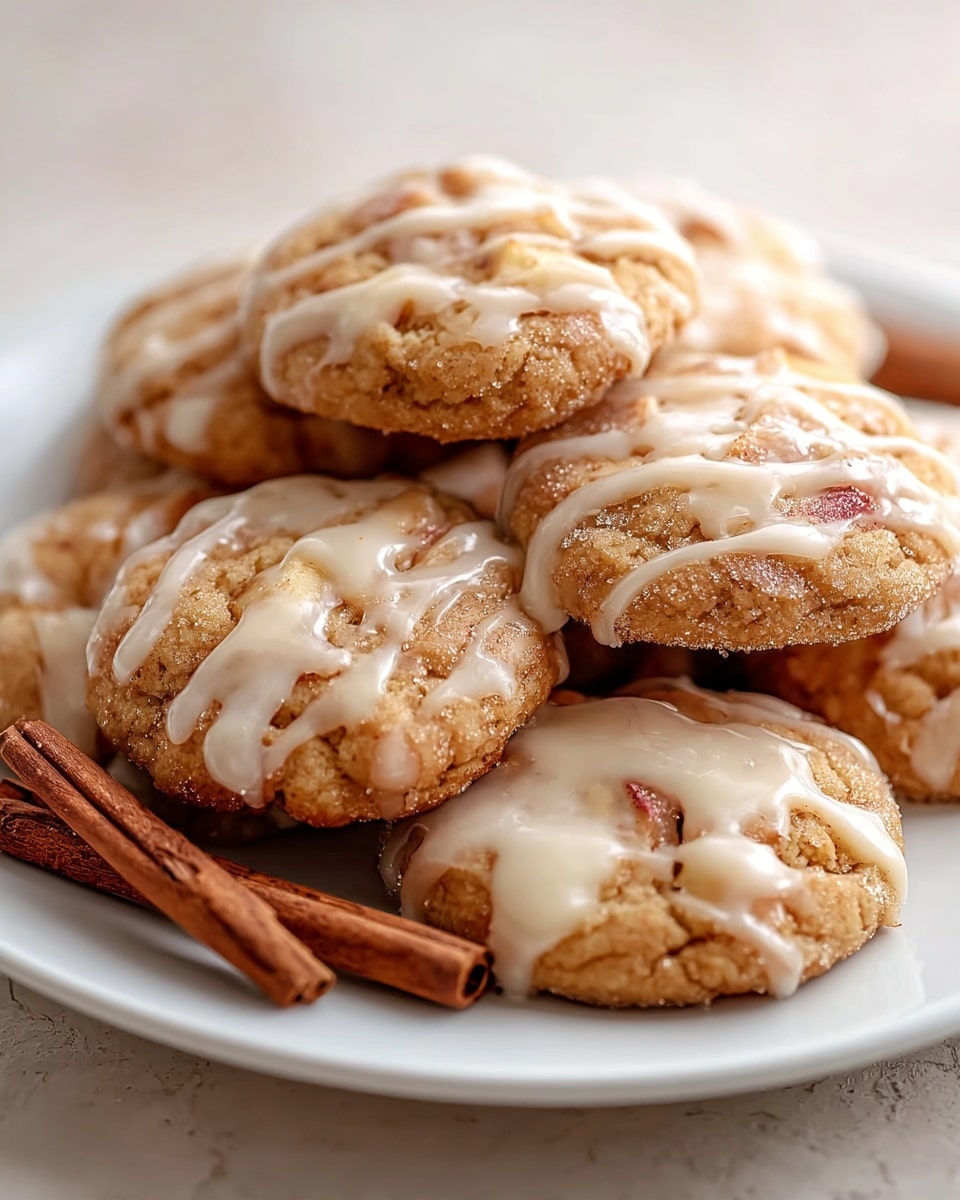 A white plate holds a pile of soft, round cookies with a light brown color and a slightly cracked texture. Each cookie has small chunks of light yellow and pink pieces, likely fruit, embedded on top, and they are drizzled with a thin, shiny white glaze that runs across the surface in irregular lines. Two cinnamon sticks rest on the side of the plate, adding a warm tone and texture contrast. The plate sits on a white marbled surface, with a soft out-of-focus background. photo taken with an iphone --ar 4:5 --v 7