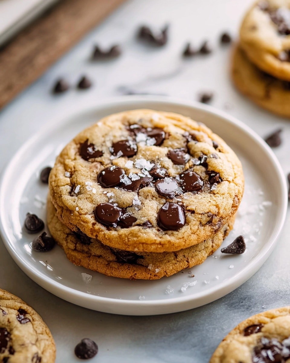 A plate with two thick, round chocolate chip cookies stacked, the top one golden brown with a slightly cracked surface showing melted, shiny dark chocolate chips scattered all over and sprinkled with coarse salt flakes. The cookies have a soft, chewy texture with edges slightly crisp and caramel-colored. Around the plate on the white marbled surface, there are some loose chocolate chips and another cookie slightly out of focus in the background. The lighting is bright and natural, coming from a window nearby. Photo taken with an iphone --ar 4:5 --v 7