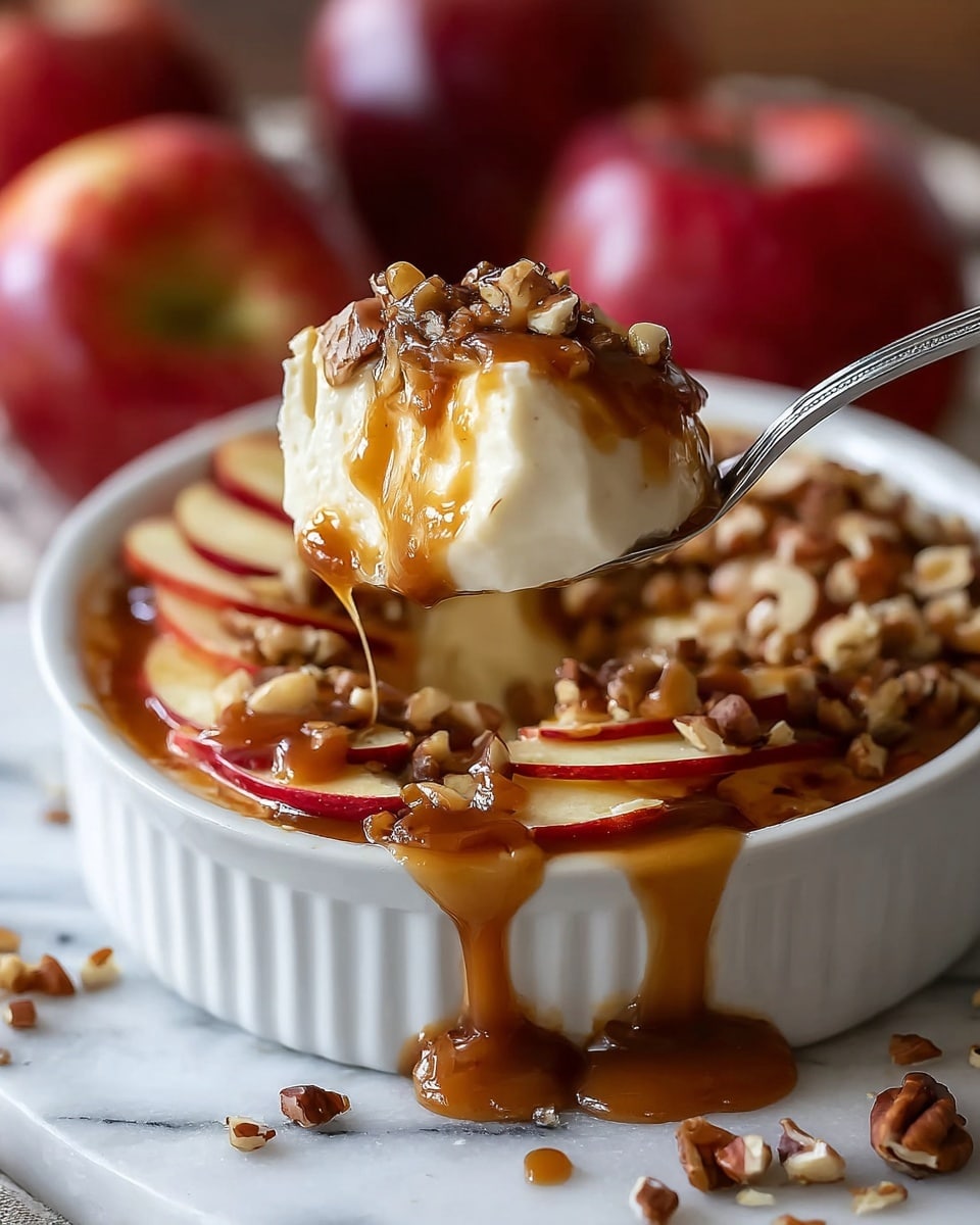 A white oval dish filled with a layered dessert, showing creamy white base topped with chopped nuts and sliced red and green apple pieces. On top, a thick layer of rich caramel sauce pours down the side of the dish and over the spoon lifting a serving. The nuts and apple pieces rest on the caramel, giving a mix of textures, with the spoon revealing the creamy base underneath. The dish sits on a white marbled texture surface with whole red apples blurred in the background. photo taken with an iphone --ar 4:5 --v 7