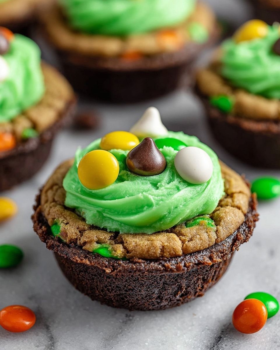 A baked cookie dessert in a white cup with a dark bottom base, showing a slightly cracked light brown cookie layer filled with colorful candy pieces including yellow and green. On top, there is a dollop of smooth green frosting with a bright orange candy in the center and three small chocolate pieces arranged on and around the frosting. Around the frosting, small white candy drops and green candy pieces are placed on the cookie surface. The background is a white marbled texture with scattered orange and green candies. photo taken with an iphone --ar 4:5 --v 7