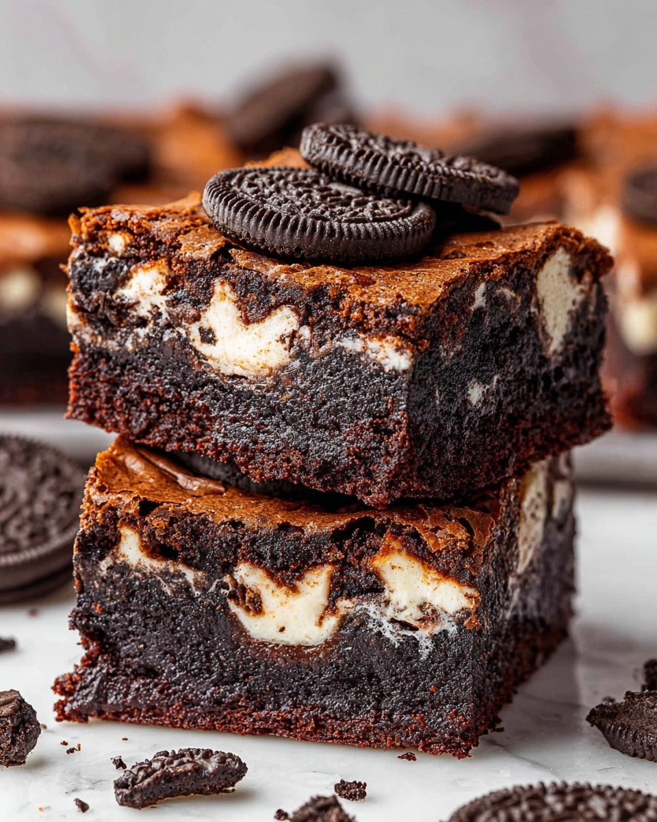 The image shows two stacked brownie squares with three visible layers. The bottom layer is a dark, crumbly chocolate crust that looks dense and rich. The middle layer is thick and gooey chocolate filling with bits of white cream visible inside. The top layer is a smooth, cracked brownie surface topped with whole black and white sandwich cookies. The brownies sit on a white marbled surface with some broken cookie pieces scattered around, creating a casual and inviting look. Photo taken with an iphone --ar 4:5 --v 7
