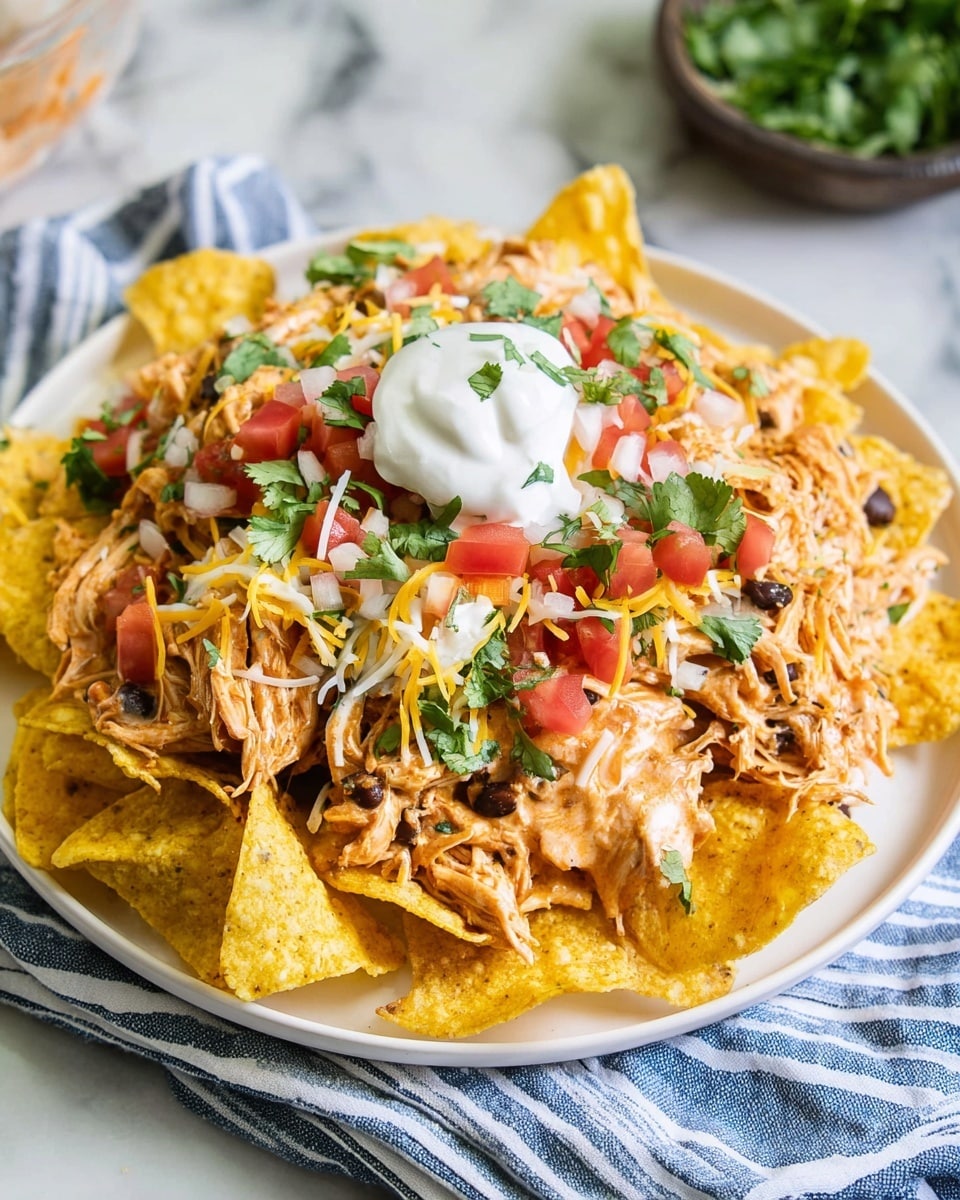 A white plate filled with a base layer of yellow crunchy tortilla chips, topped with shredded chicken mixed in a creamy, light reddish sauce with visible black beans. On top, there is a layer of diced red tomatoes mixed with finely chopped green herbs, followed by a generous sprinkle of shredded yellow and white cheese. At the center, a dollop of white sour cream is placed, garnished with chopped fresh green cilantro leaves. The plate rests on a white marbled surface with part of a striped cloth visible underneath. Photo taken with an iphone --ar 4:5 --v 7