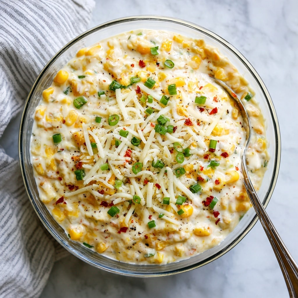 A clear glass bowl filled with creamy white and pale yellow southwest corn dip, showing visible corn kernels mixed with a smooth white base. The dip is topped with shredded white cheese and small chopped green onions scattered over the surface. A metal spoon rests inside the bowl on the right side. The bowl sits on a white marbled surface with a white towel featuring thin blue stripes underneath. Photo taken with an iphone --ar 4:5 --v 7