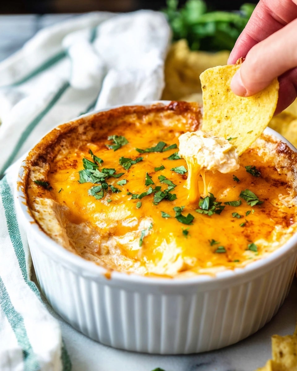 A white ceramic bowl holds a creamy dip with three clear layers: a thick off-white base layer, a smooth bright orange melted cheese layer on top, and small green parsley pieces scattered over the cheese. A woman's hand is dipping a rectangular yellowish tortilla chip into the side of the dip, lifting a small amount of the creamy white layer. The bowl sits on a white marbled surface with a green and white striped cloth partially visible nearby. Photo taken with an iphone --ar 4:5 --v 7