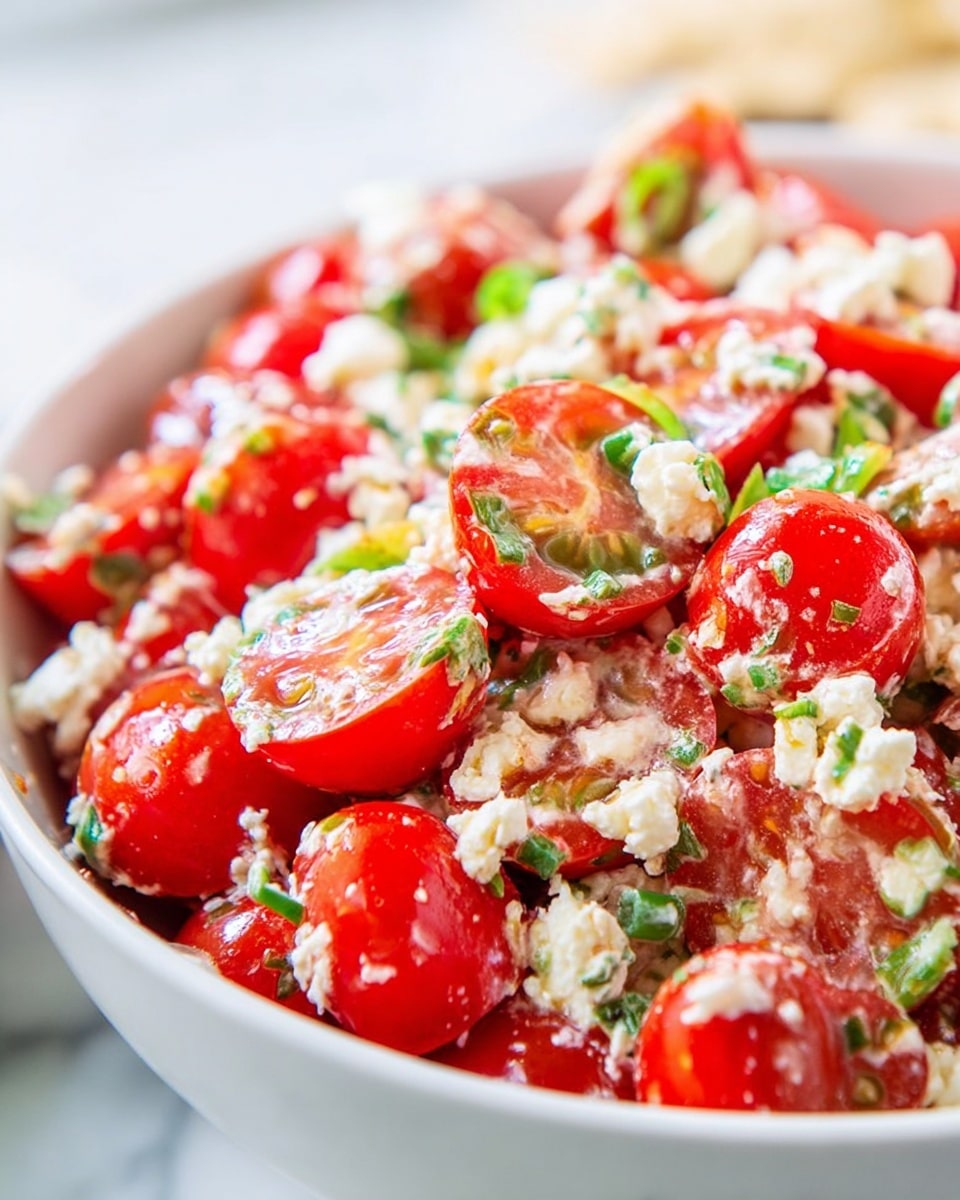 The image shows a close-up of a white bowl filled with a fresh salad. The salad has two main layers: the bottom layer consists of creamy white cheese crumbles mixed with small pieces of green herbs, and the top layer is made up of bright red cherry tomato halves with a glossy texture. The tomatoes and cheese blend together, with bits of green herbs scattered throughout, giving the dish a colorful and textured look. The background is a blurred white marbled surface, making the salad the main focus. photo taken with an iphone --ar 4:5 --v 7