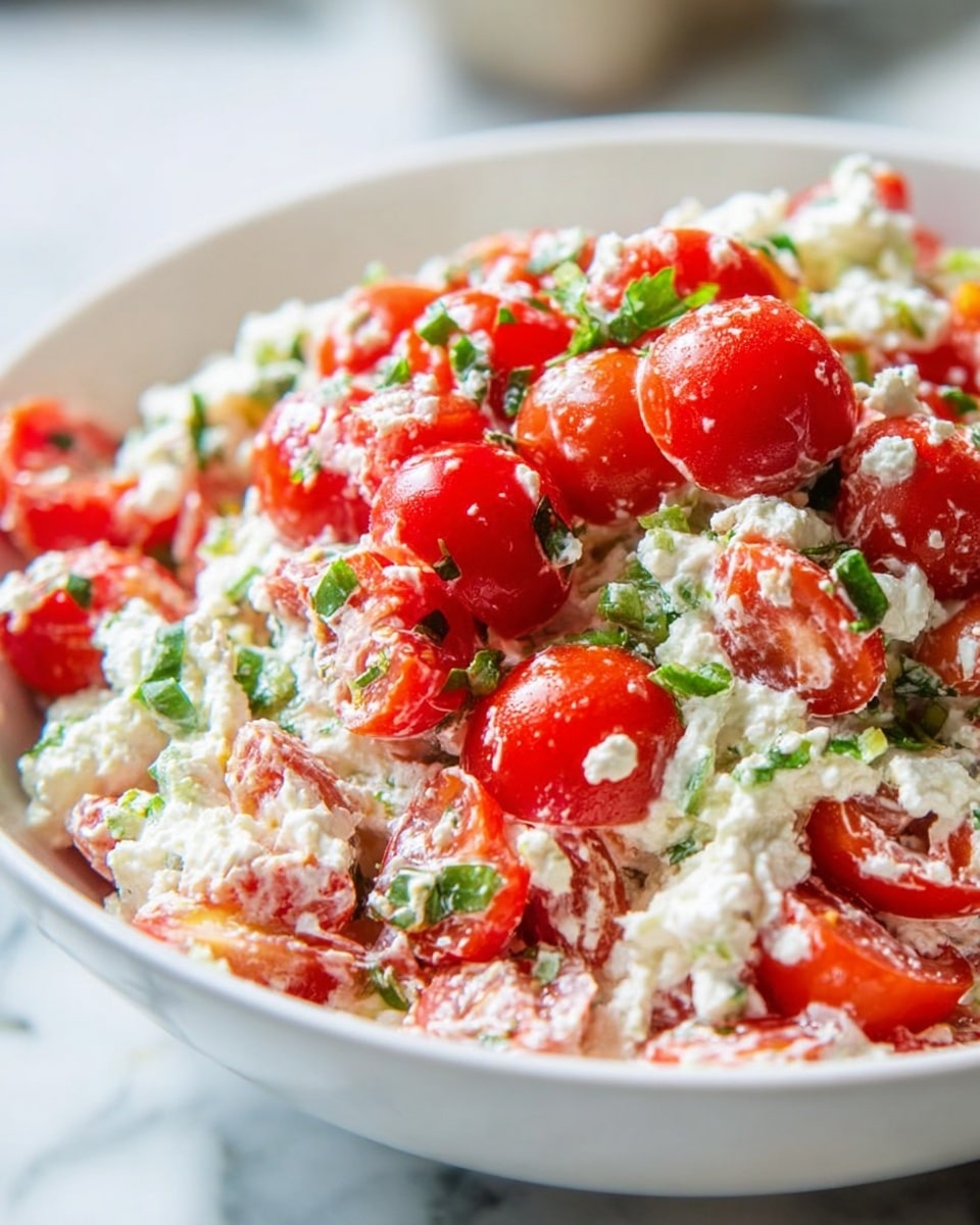 The image shows a close-up of a bowl filled with a fresh salad made mostly of halved bright red cherry tomatoes, small creamy white cheese crumbles, and bits of green herbs or scallions mixed throughout. The tomato skins are shiny and juicy, contrasting with the soft, crumbly texture of the cheese. The salad sits inside a clean white bowl placed on a white marbled surface. The colors are vibrant with red, green, and white blending in a fresh, natural way, and the focus is sharp on the front part of the salad with a blurred background. Photo taken with an iphone --ar 4:5 --v 7