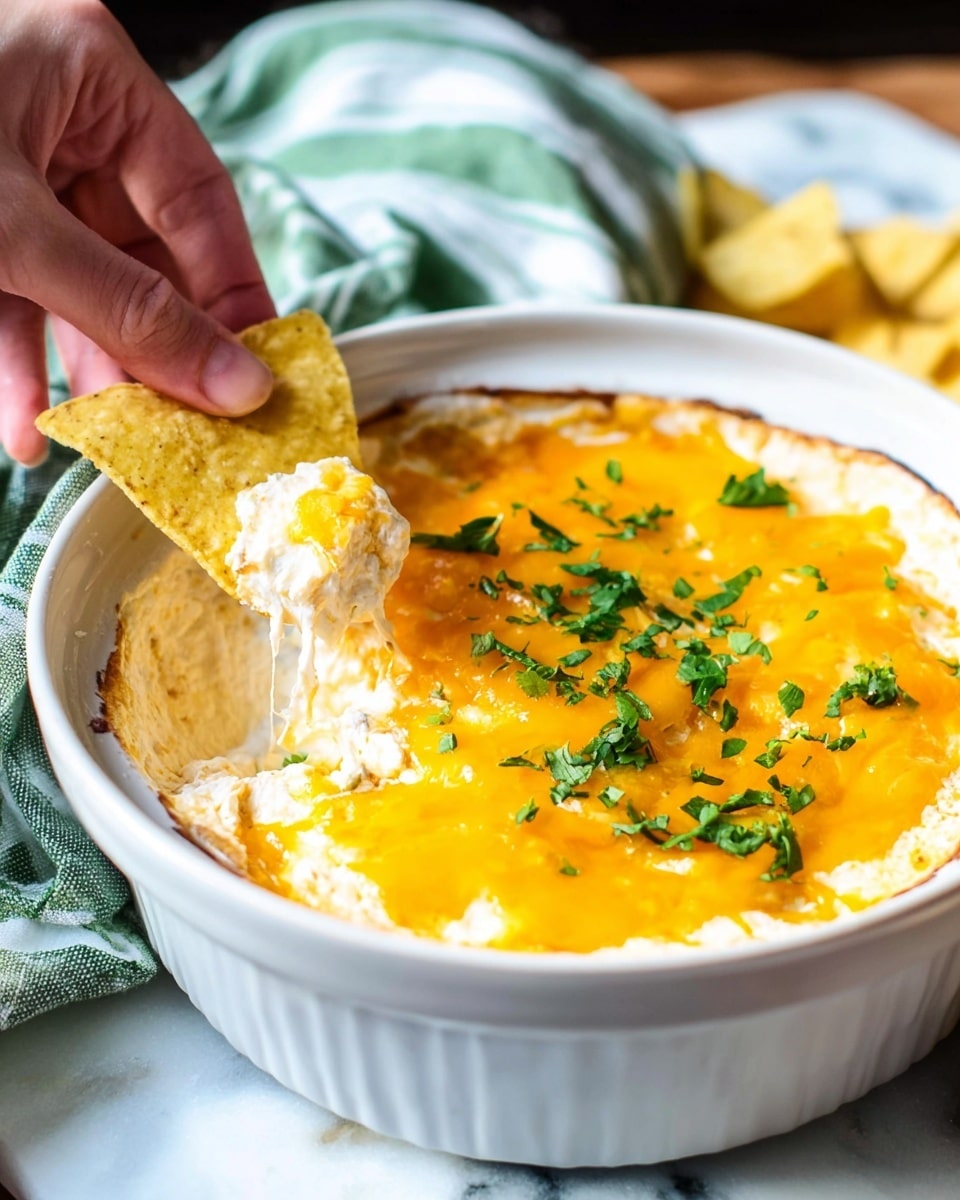 A white ribbed bowl filled with a creamy, beige layer of baked dip, topped with a thick, melted orange cheese layer sprinkled with small fresh green parsley leaves. A woman's hand is dipping a yellow chip, coated with the creamy dip, into the bowl. The bowl rests on a white marbled surface with a white and green striped cloth nearby. photo taken with an iphone --ar 4:5 --v 7