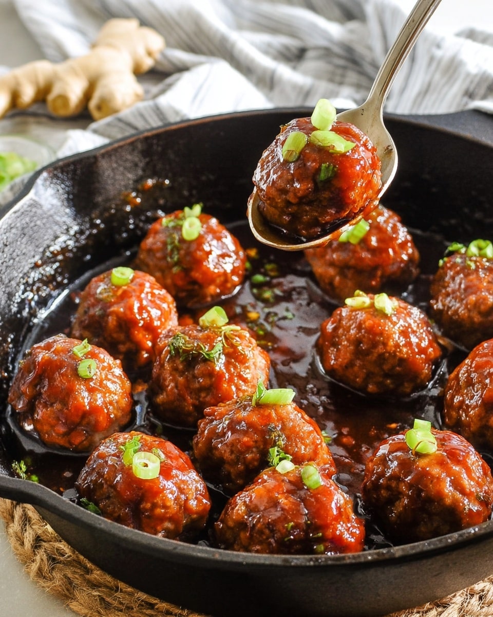 A close-up of a black cast iron skillet filled with several round, golden-brown meatballs covered in a glossy reddish-brown glaze, each topped with small pieces of bright green chopped scallions. A silver spoon is lifting three meatballs from the skillet, showing the texture and shine of the sauce. The skillet sits on a woven mat with a beige and navy striped cloth and fresh ginger in the background, all set on a white marbled surface. photo taken with an iphone --ar 4:5 --v 7