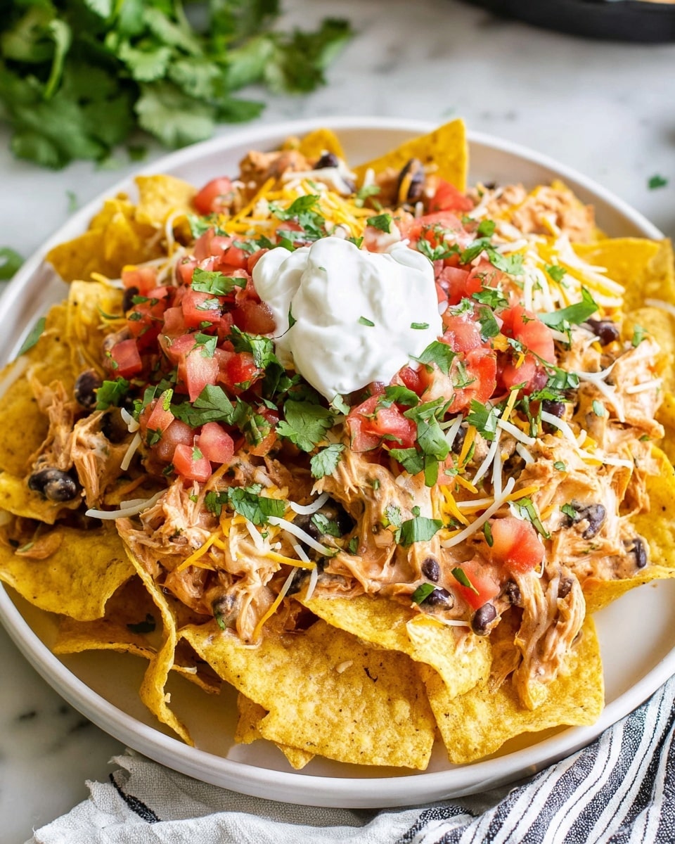 A white plate holds a base layer of yellow, crispy tortilla chips curled at the edges. On top, there is a thick pile of shredded chicken mixed with a creamy, reddish-orange sauce that coats the chips. Small black beans are scattered through the chicken layer. Above this, finely chopped red tomatoes and white onions are spread, along with shredded yellow and white cheese. A dollop of white sour cream sits near the top center, garnished with fresh green cilantro leaves scattered all over. The plate rests on a blue and white striped cloth on a white marbled surface. Photo taken with an iphone --ar 4:5 --v 7
