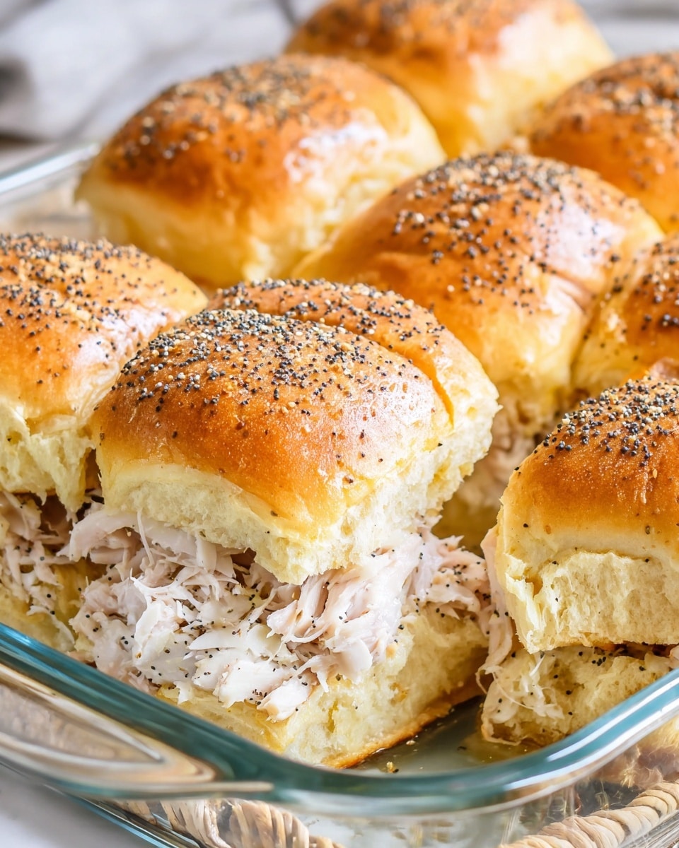 The image shows a close-up of six small sandwich sliders placed side by side in a clear glass baking dish. Each slider has a golden-brown, slightly shiny top bun sprinkled with black poppy seeds. Underneath the top bun, there is a fluffy layer of white, shredded chicken filling visible, while the bottom bun is soft and white. The sliders are tightly packed, highlighting the texture of the buns and the moistness of the chicken inside. The background is a white marbled surface. photo taken with an iphone --ar 4:5 --v 7